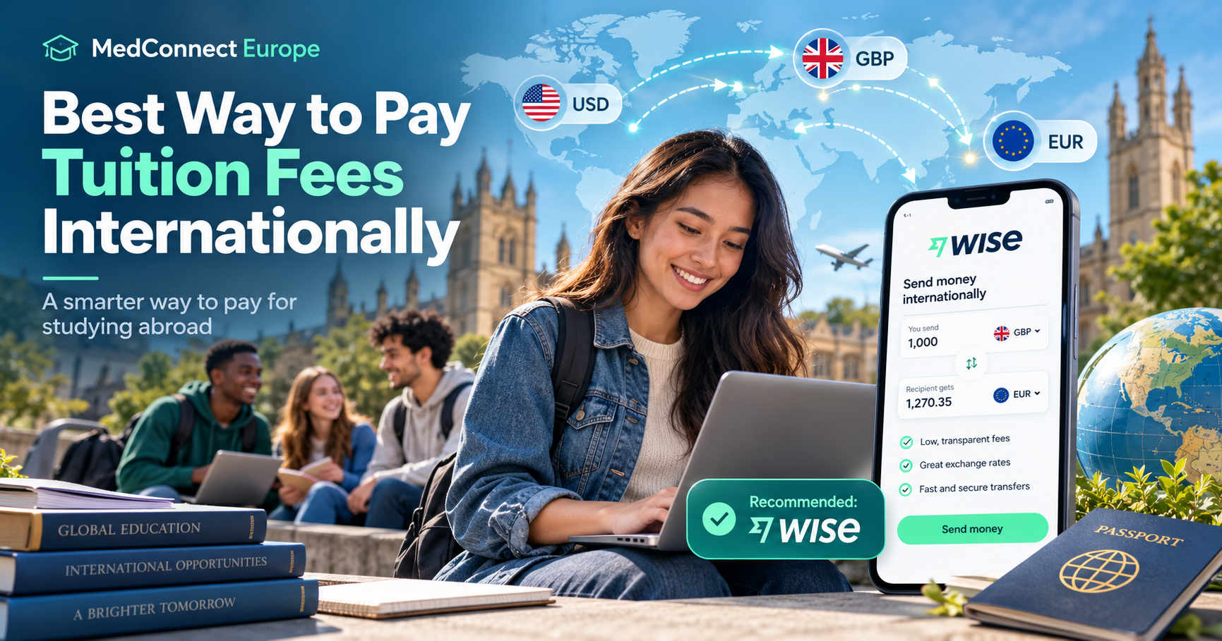 International student paying university tuition fees abroad using Wise, with GBP, EUR and USD currency transfers highlighting a fast, low-cost way to pay international tuition fees.